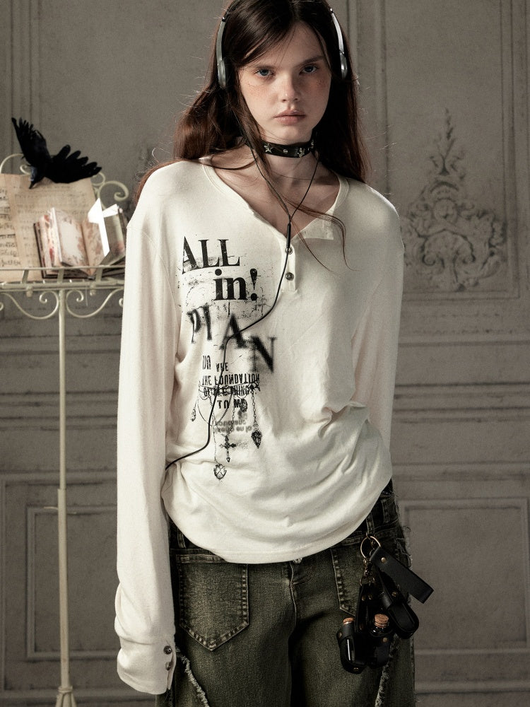 Beige Crew Neck Printed Long-Sleeve T-Shirt【s0000019045】