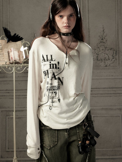 Beige Crew Neck Printed Long-Sleeve T-Shirt【s0000019045】