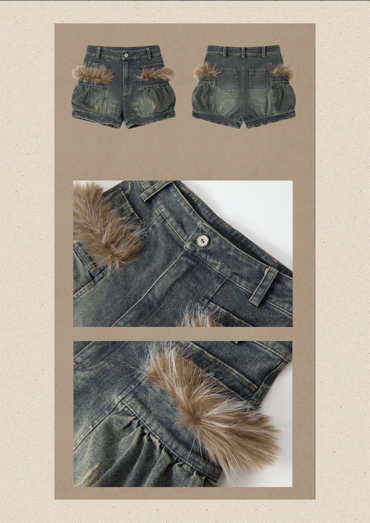 Fur Edge Distressed Pocket Denim Shorts【s0000019046】