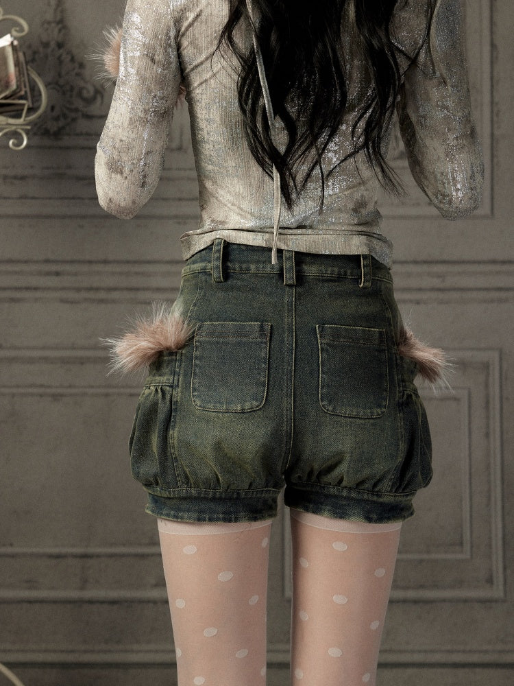 Fur Edge Distressed Pocket Denim Shorts【s0000019046】