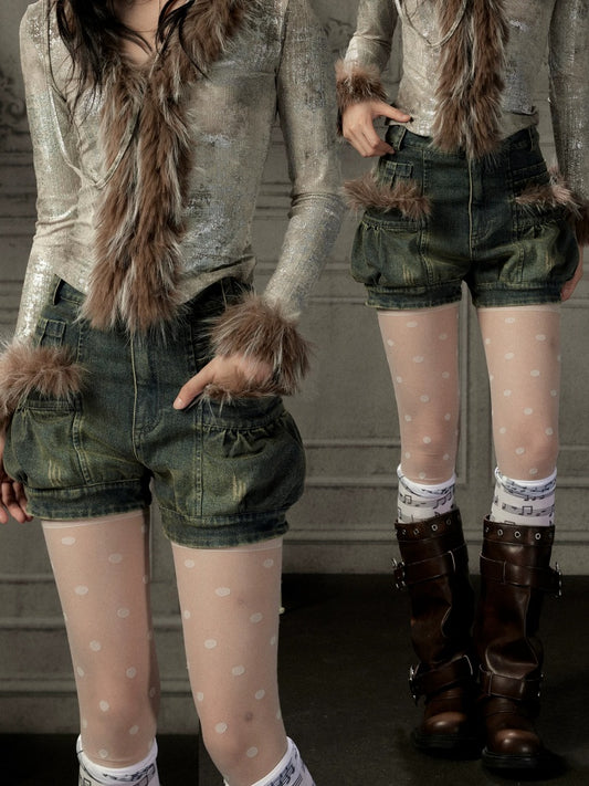 Fur Edge Distressed Pocket Denim Shorts【s0000019046】