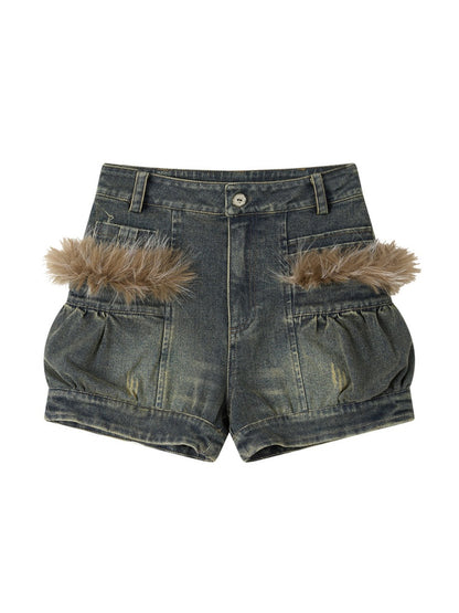 Fur Edge Distressed Pocket Denim Shorts【s0000019046】