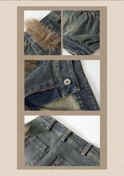 Fur Edge Distressed Pocket Denim Shorts【s0000019046】