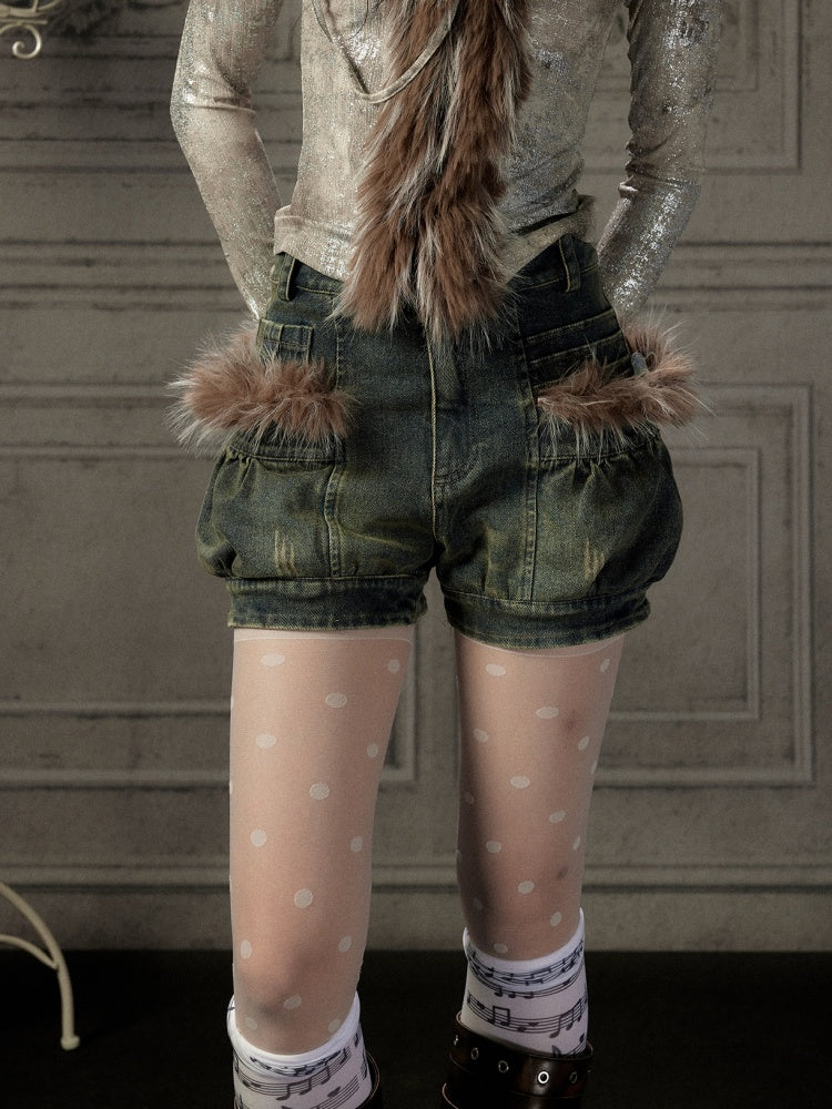 Fur Edge Distressed Pocket Denim Shorts【s0000019046】