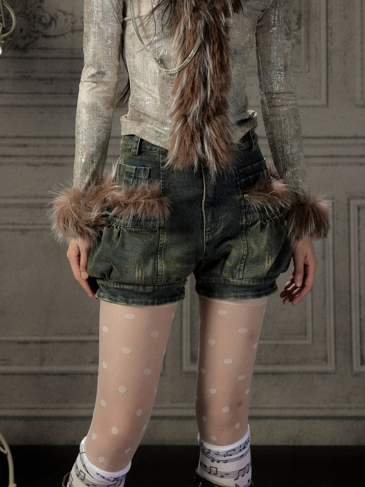 Fur Edge Distressed Pocket Denim Shorts【s0000019046】