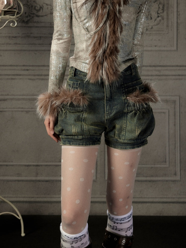 Fur Edge Distressed Pocket Denim Shorts【s0000019046】