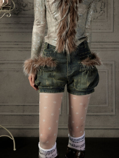Fur Edge Distressed Pocket Denim Shorts【s0000019046】