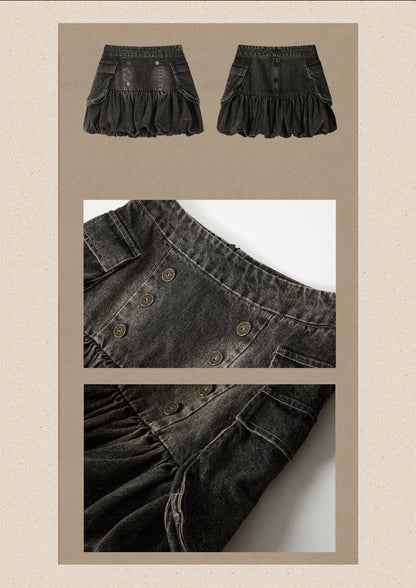 Black Denim Bud Distressed Large Pocket Short Skirt【s0000019047】