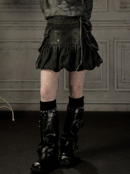 Black Denim Bud Distressed Large Pocket Short Skirt【s0000019047】