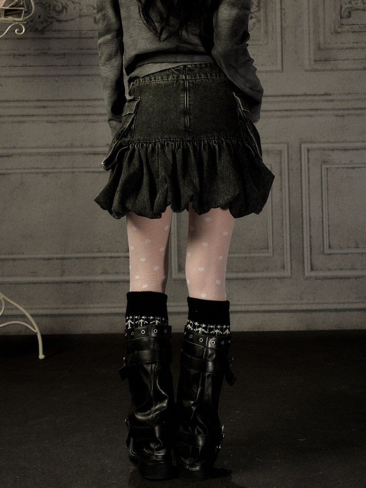 Black Denim Bud Distressed Large Pocket Short Skirt【s0000019047】