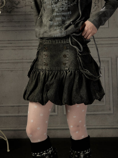 Black Denim Bud Distressed Large Pocket Short Skirt【s0000019047】
