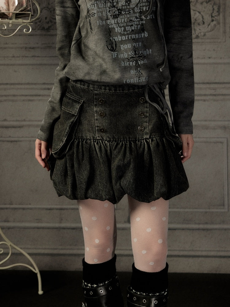 Black Denim Bud Distressed Large Pocket Short Skirt【s0000019047】