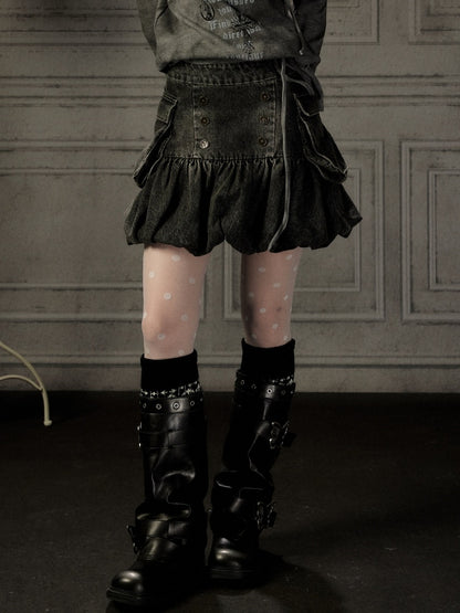 Black Denim Bud Distressed Large Pocket Short Skirt【s0000019047】