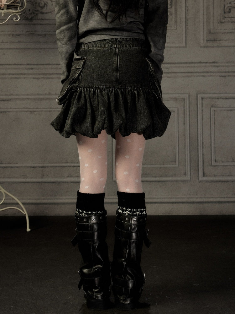 Black Denim Bud Distressed Large Pocket Short Skirt【s0000019047】