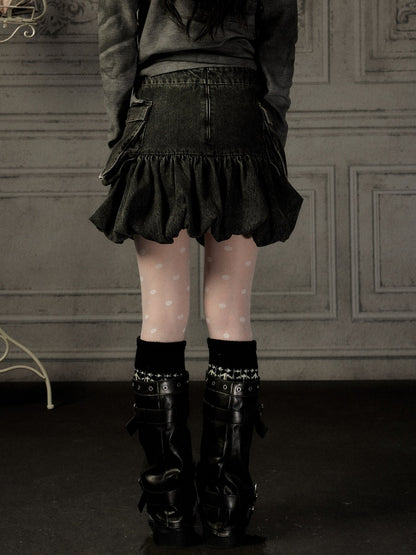 Black Denim Bud Distressed Large Pocket Short Skirt【s0000019047】
