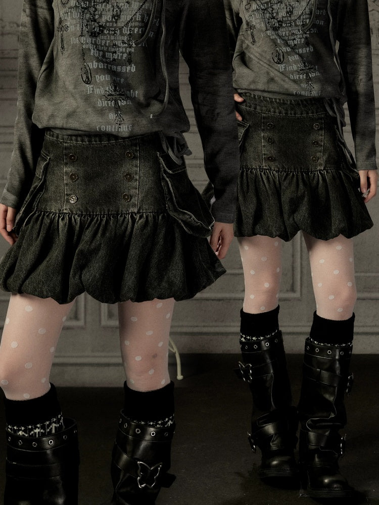 Black Denim Bud Distressed Large Pocket Short Skirt【s0000019047】