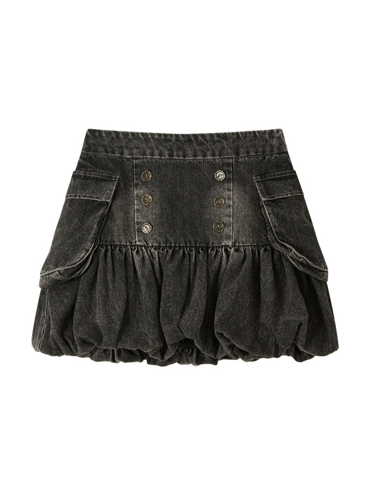 Black Denim Bud Distressed Large Pocket Short Skirt【s0000019047】