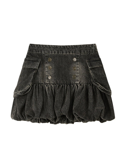 Black Denim Bud Distressed Large Pocket Short Skirt【s0000019047】
