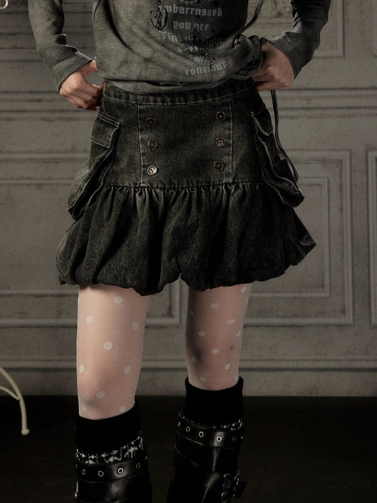 Black Denim Bud Distressed Large Pocket Short Skirt【s0000019047】