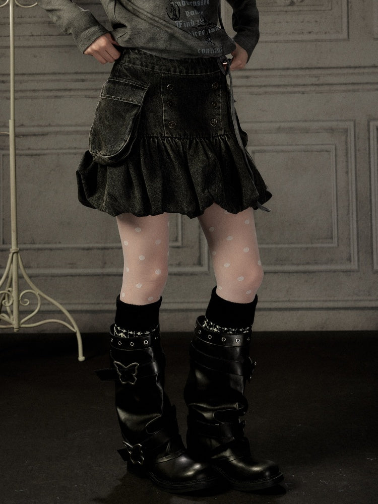 Black Denim Bud Distressed Large Pocket Short Skirt【s0000019047】