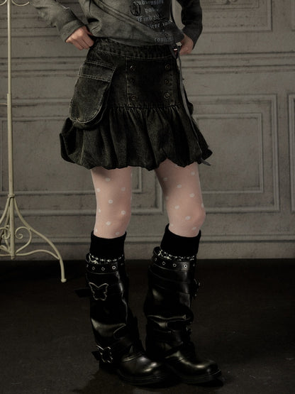 Black Denim Bud Distressed Large Pocket Short Skirt【s0000019047】