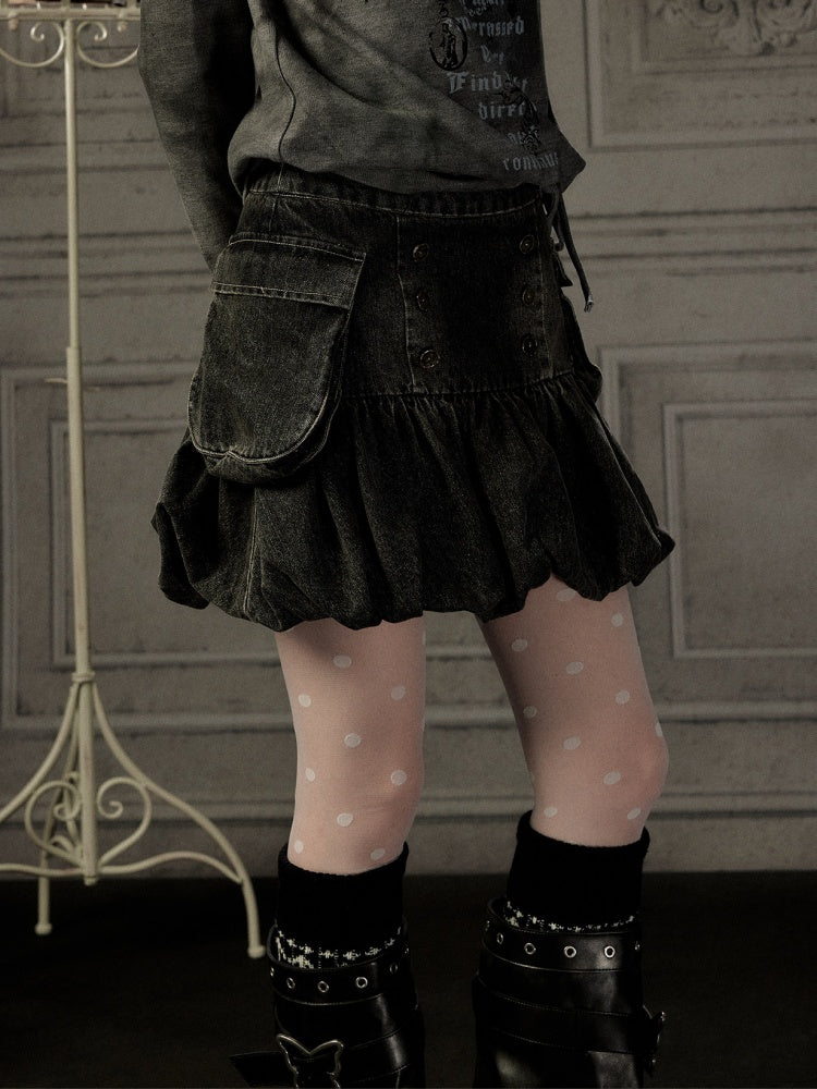 Black Denim Bud Distressed Large Pocket Short Skirt【s0000019047】