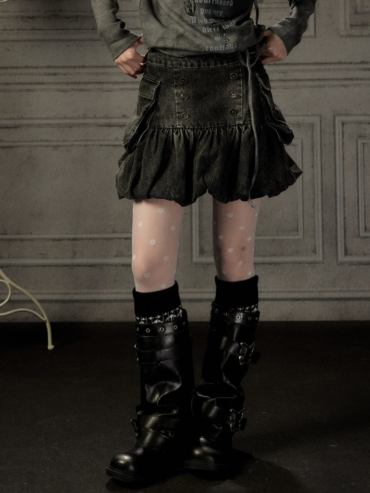 Black Denim Bud Distressed Large Pocket Short Skirt【s0000019047】