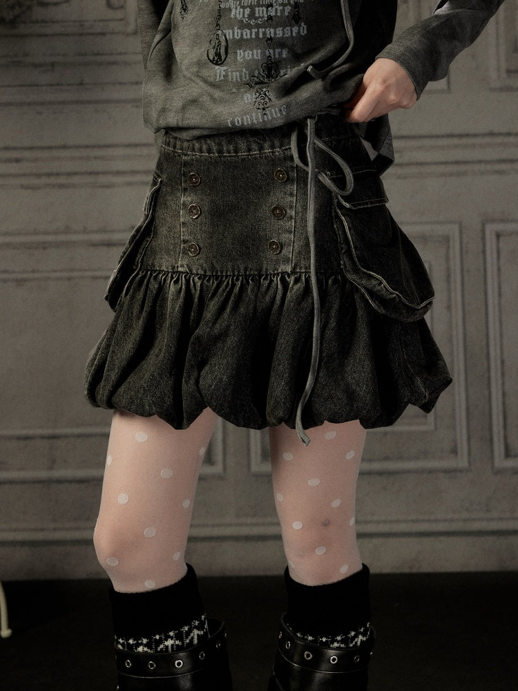 Black Denim Bud Distressed Large Pocket Short Skirt【s0000019047】