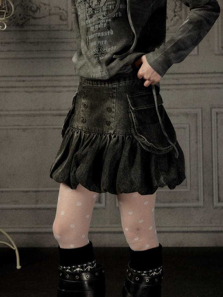 Black Denim Bud Distressed Large Pocket Short Skirt【s0000019047】