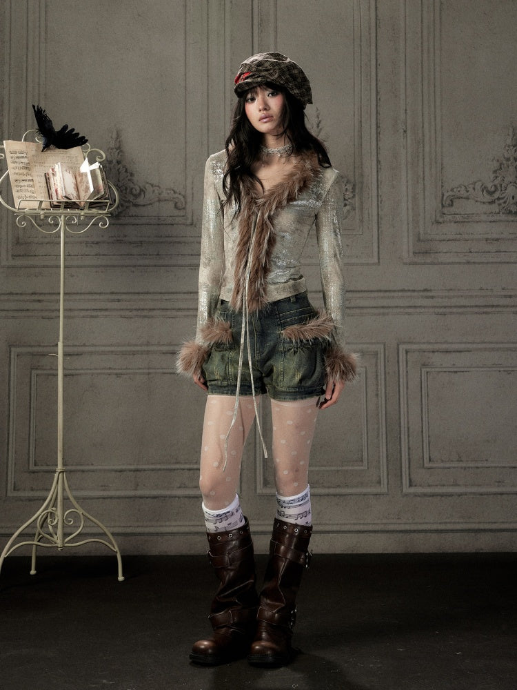 Fur Collar V-Neck Gray Long-Sleeve T-Shirt【s0000019048】