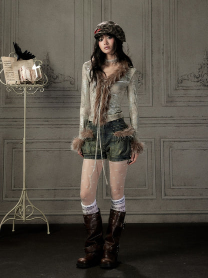Fur Collar V-Neck Gray Long-Sleeve T-Shirt【s0000019048】