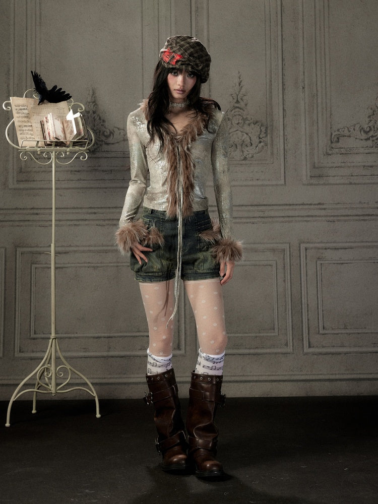 Fur Collar V-Neck Gray Long-Sleeve T-Shirt【s0000019048】