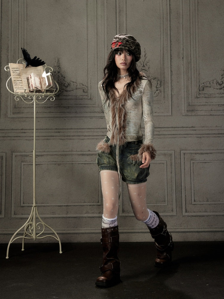 Fur Collar V-Neck Gray Long-Sleeve T-Shirt【s0000019048】