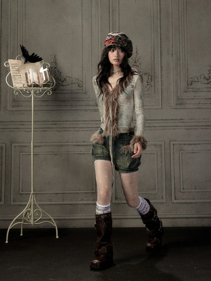 Fur Collar V-Neck Gray Long-Sleeve T-Shirt【s0000019048】