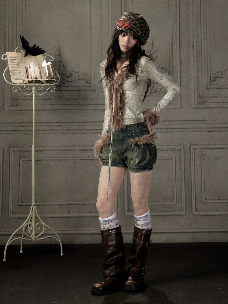 Fur Collar V-Neck Gray Long-Sleeve T-Shirt【s0000019048】