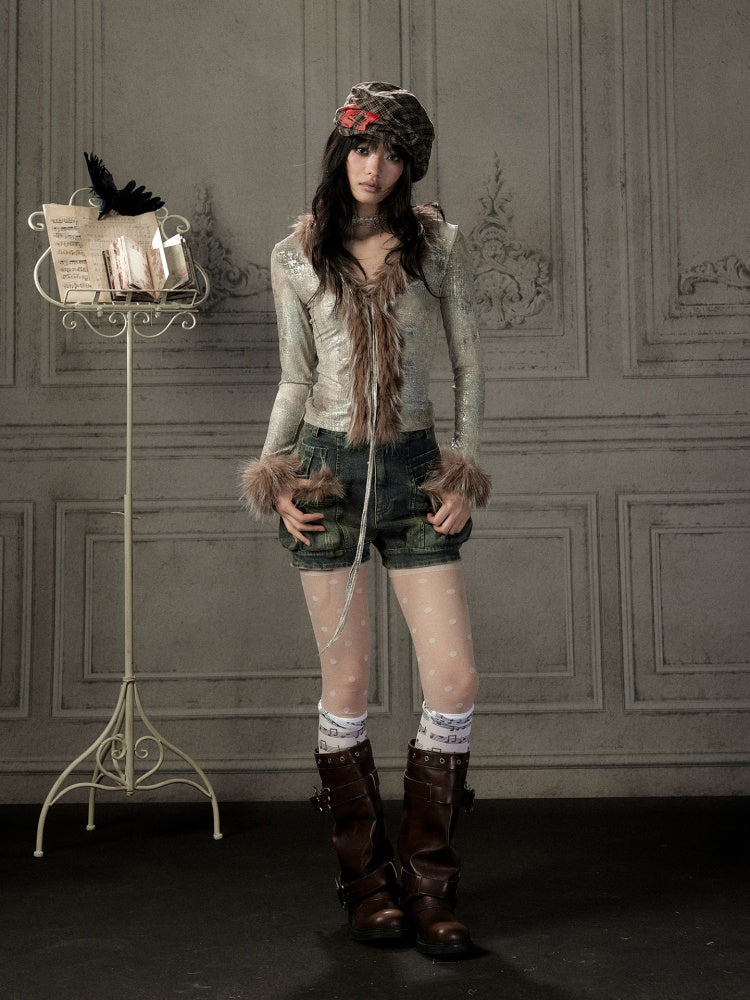 Fur Collar V-Neck Gray Long-Sleeve T-Shirt【s0000019048】