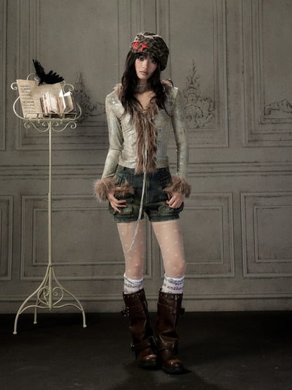 Fur Collar V-Neck Gray Long-Sleeve T-Shirt【s0000019048】