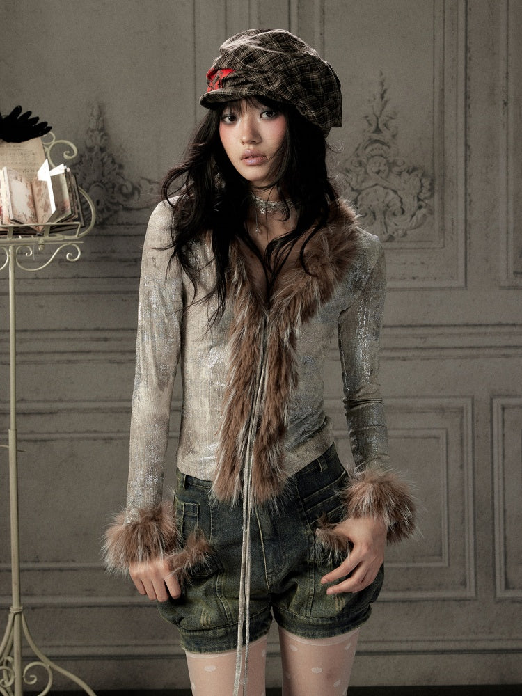 Fur Collar V-Neck Gray Long-Sleeve T-Shirt【s0000019048】