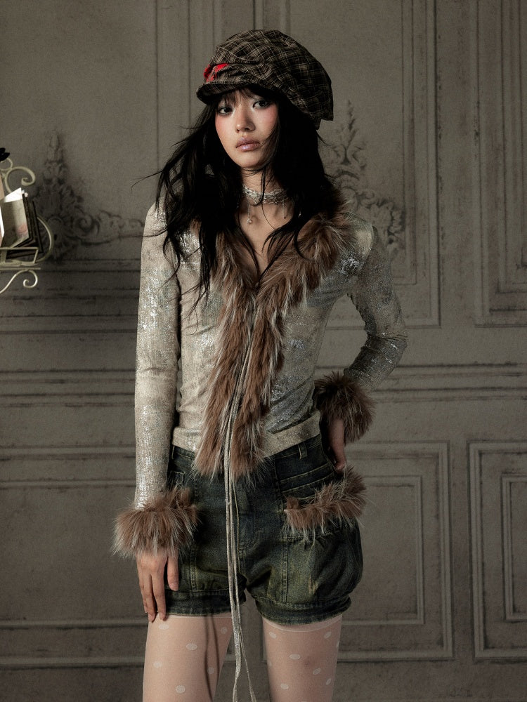 Fur Collar V-Neck Gray Long-Sleeve T-Shirt【s0000019048】