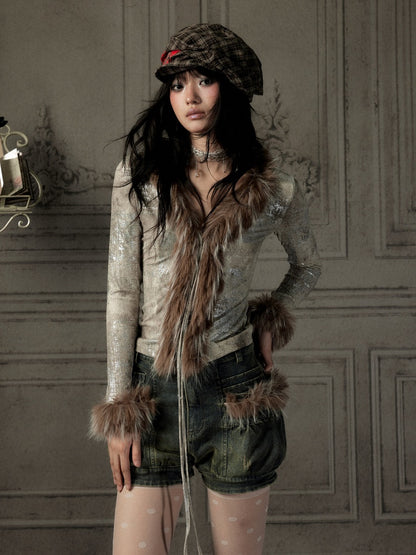 Fur Collar V-Neck Gray Long-Sleeve T-Shirt【s0000019048】