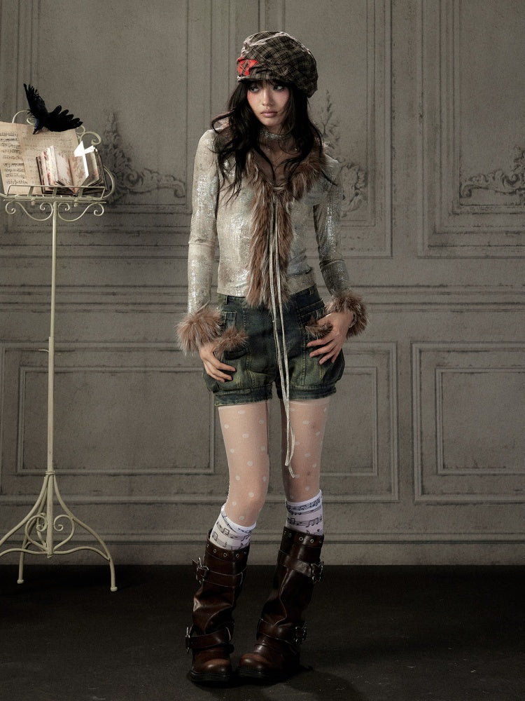 Fur Collar V-Neck Gray Long-Sleeve T-Shirt【s0000019048】