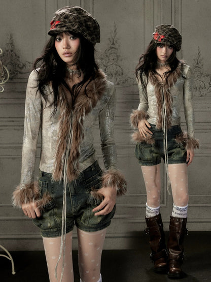 Fur Collar V-Neck Gray Long-Sleeve T-Shirt【s0000019048】