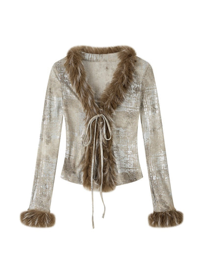 Fur Collar V-Neck Gray Long-Sleeve T-Shirt【s0000019048】