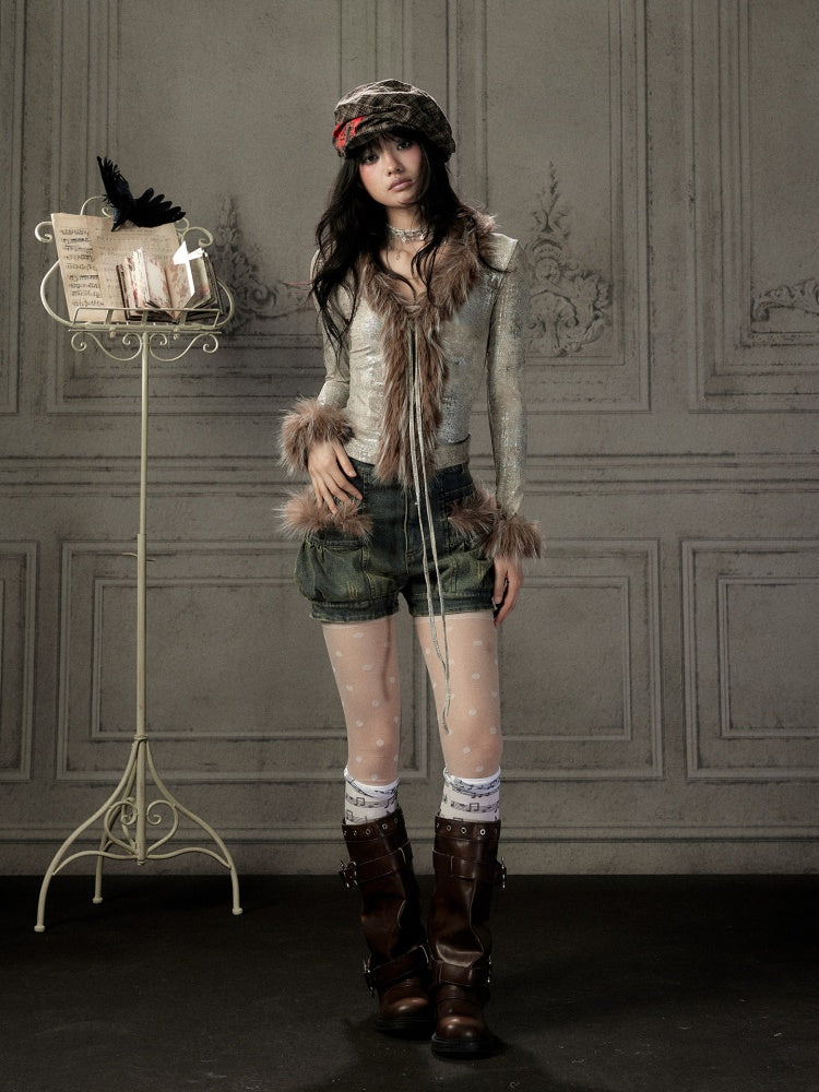 Fur Collar V-Neck Gray Long-Sleeve T-Shirt【s0000019048】