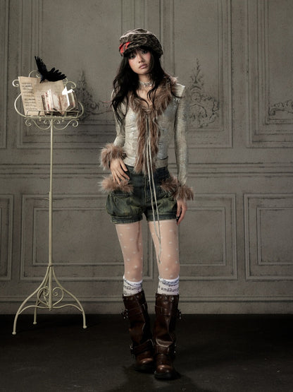 Fur Collar V-Neck Gray Long-Sleeve T-Shirt【s0000019048】
