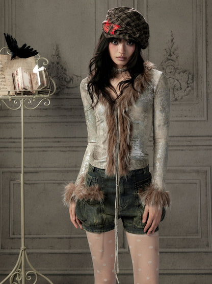 Fur Collar V-Neck Gray Long-Sleeve T-Shirt【s0000019048】