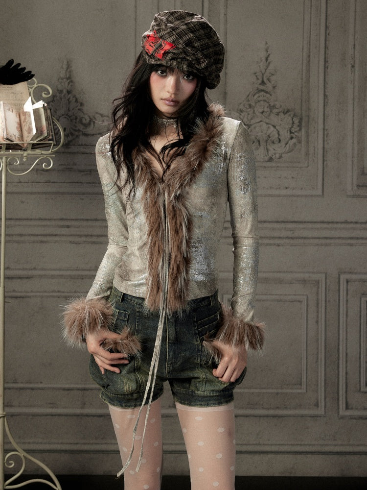 Fur Collar V-Neck Gray Long-Sleeve T-Shirt【s0000019048】
