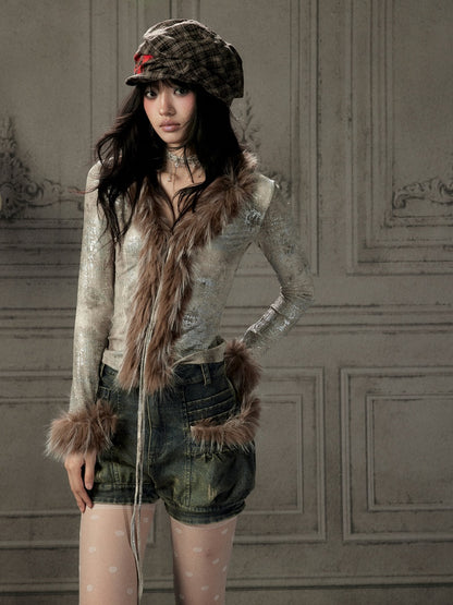 Fur Collar V-Neck Gray Long-Sleeve T-Shirt【s0000019048】