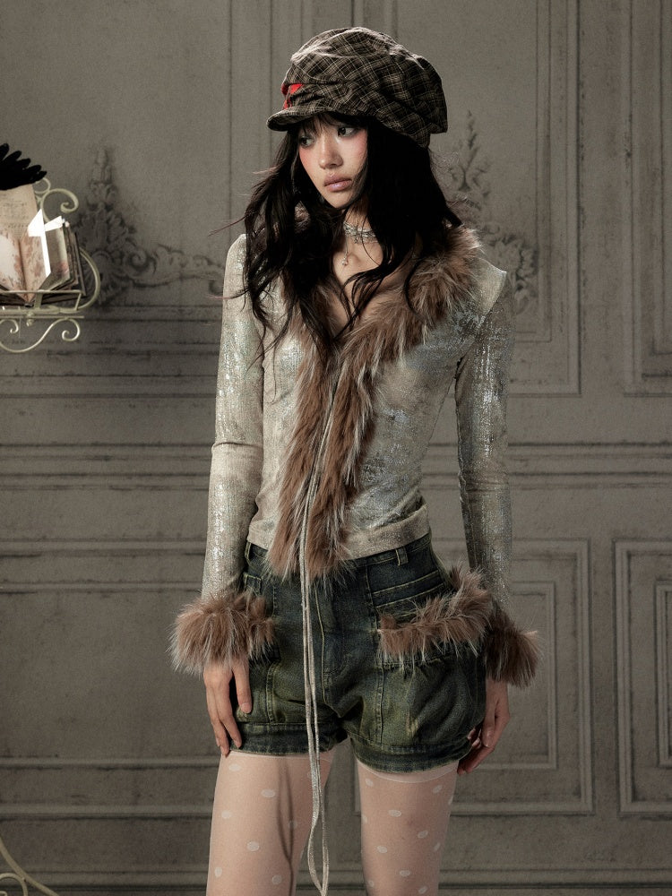 Fur Collar V-Neck Gray Long-Sleeve T-Shirt【s0000019048】
