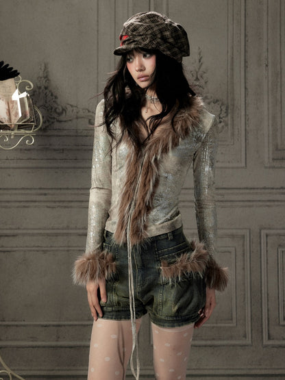 Fur Collar V-Neck Gray Long-Sleeve T-Shirt【s0000019048】